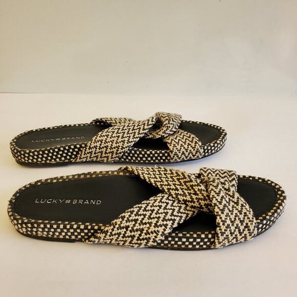 Lucky Brand Sandals Size 10 Fynna Woven Slide Leather Black White Boho - Picture 8 of 13